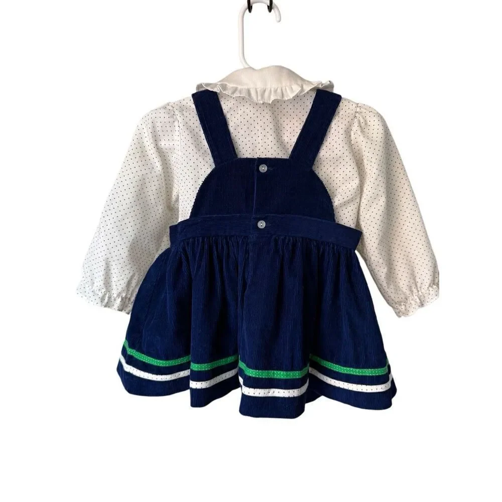 Vintage Baby Girl Navy Blue Corduroy Jumper/Dress & Polka Dot Collard Blouse